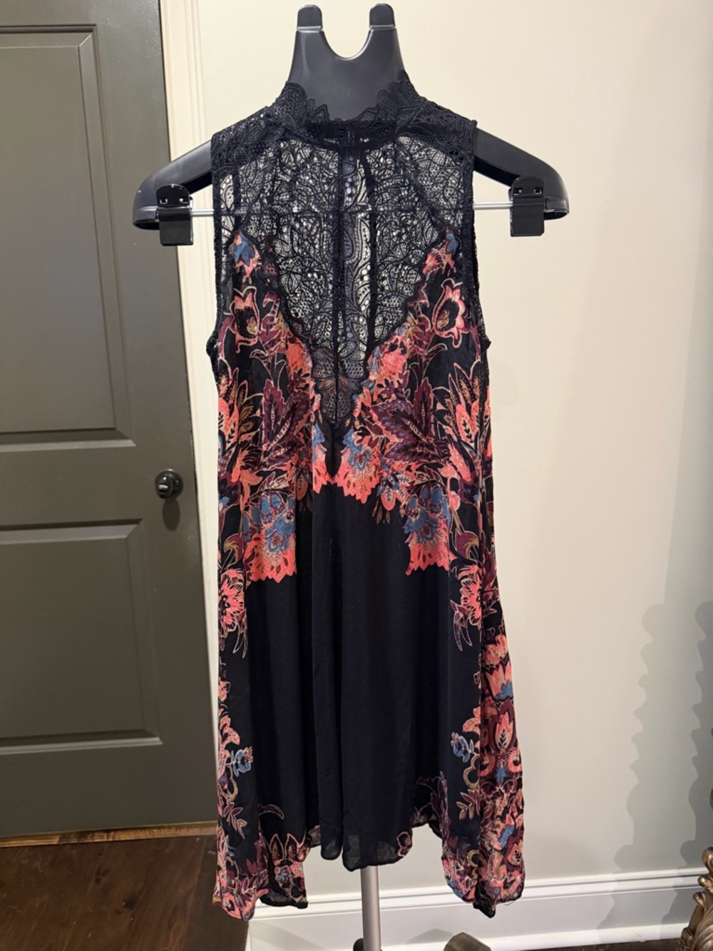 Free People Black Floral Slip Dress with Coral and Blue Accents